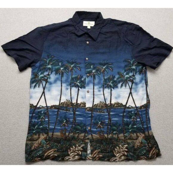 Mens Sz Large Dark Blue Tropical Hawaiian Print Button Up Shirt ISLAND SHORES - Picture 1 of 6
